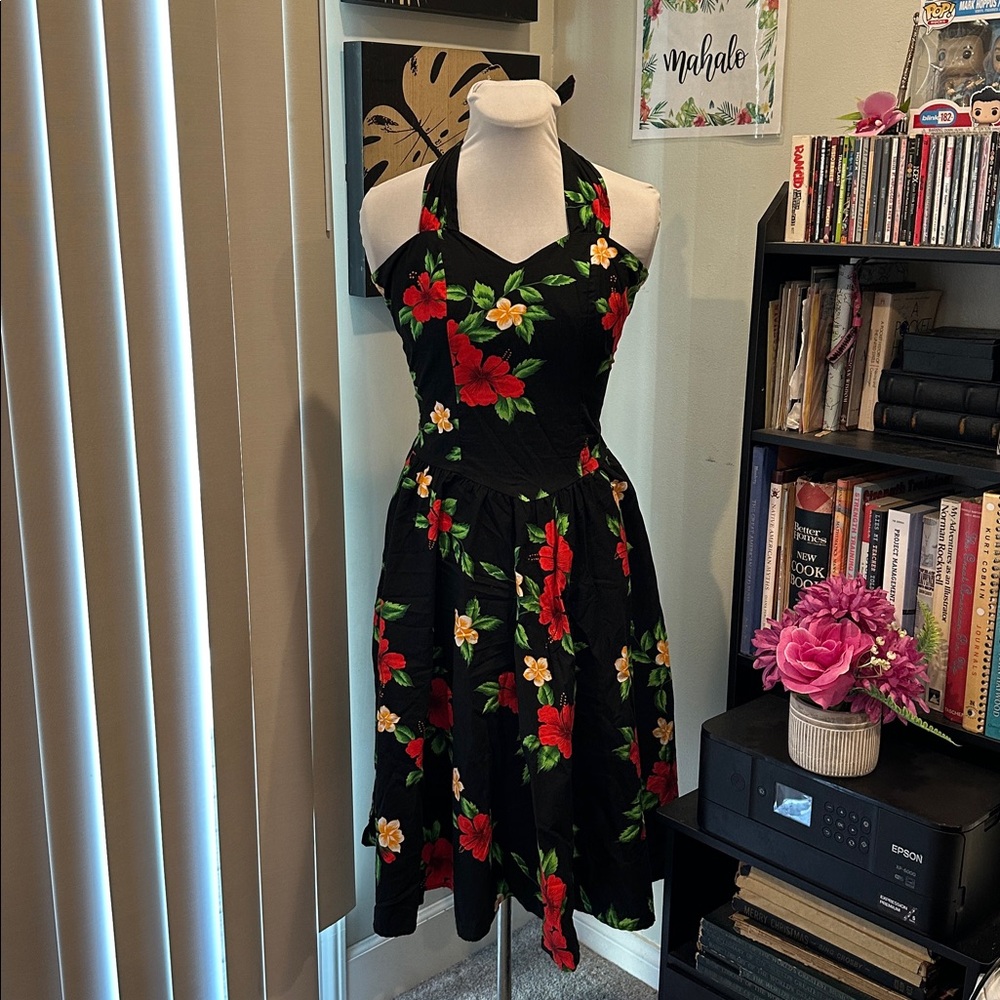 Hawaiian Floral Halter Dress - Black with Red and Yellow Accents
